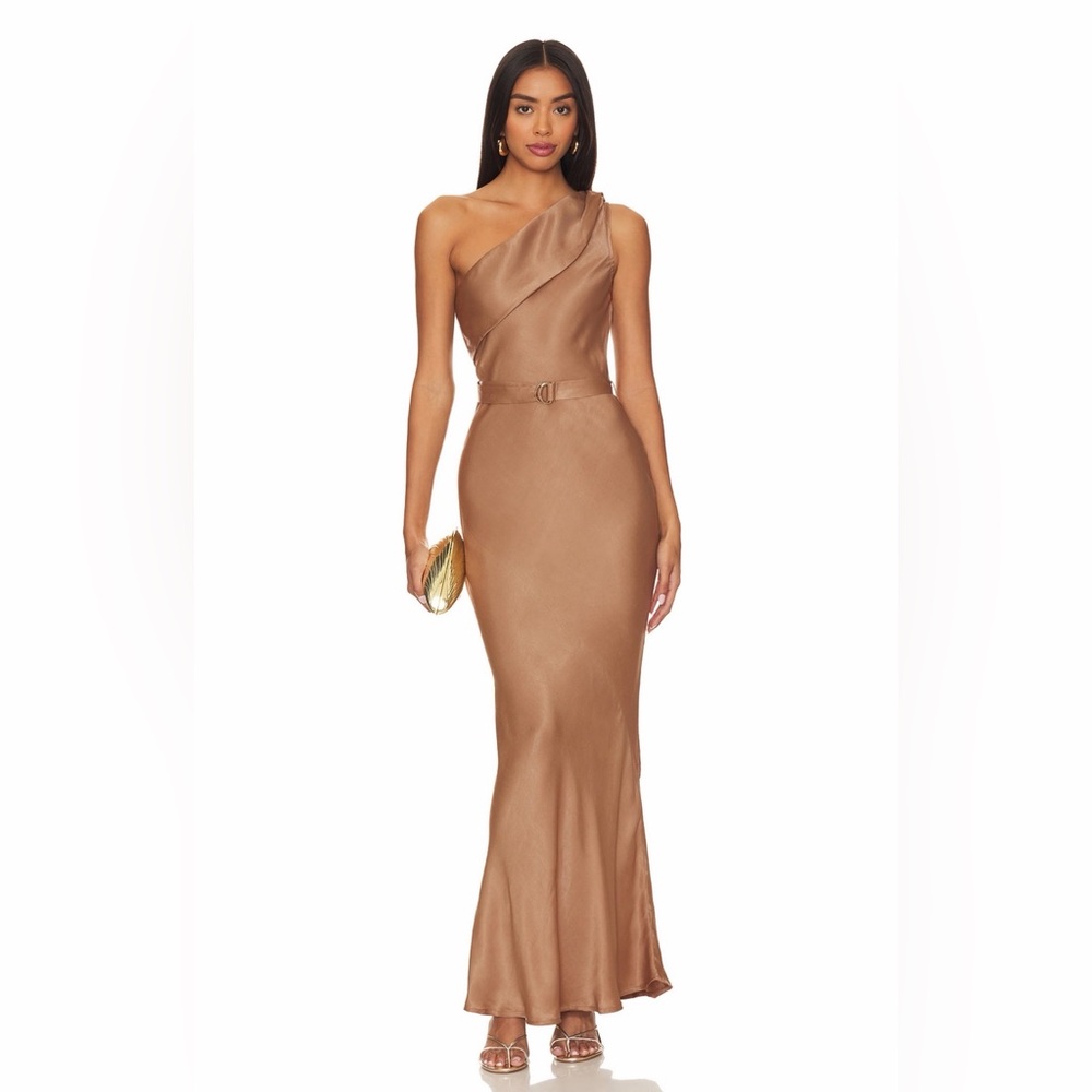 BNWT Karina Grimaldi Angelique Satin Midi Dress in Mocha Brown XS
